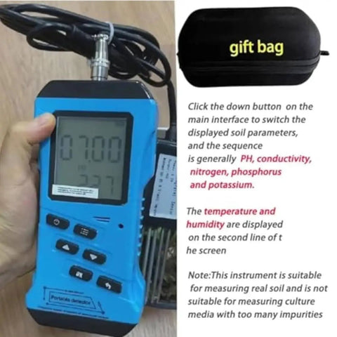 Person holding blue digital sensor kit, displaying soil readings, with black gift bag. All In One Soil Tester With NPK pH Moisture And EC Readings, Pro Grade Digital Sensor Kit For Lawn And Garden, Easy Read Backlit Display, High Accuracy Nutrient Conductivity Meter For Precise Soil Fertility.