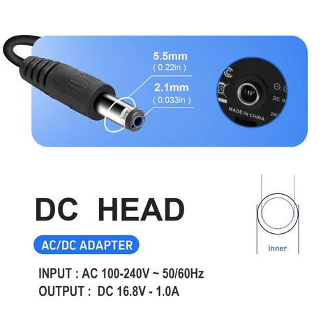 16.8V Massage Gun Charger Replacement For LifePro Sonic Series, 5.5x2.1mm DC head, input 100-240V, output 16.8V, black cord