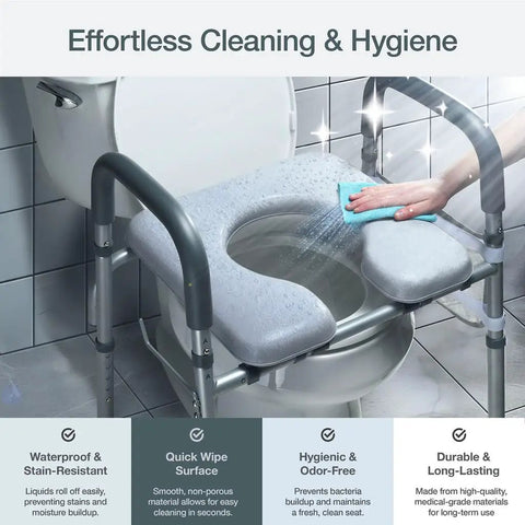 Effortless cleaning of Adjustable Heavy Duty Toilet Seat Riser With Armrests For Seniors, featuring waterproof surface and hygiene focus.