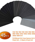 45 Piece Wet And Dry Sandpaper Set Workhorse Grit Range 120 To 5000, 9 By 3.6 Inch Sheets, arranged in a fan shape