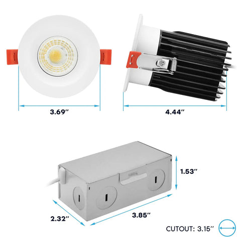 3 Inch LED Regressed Canless Spotlight With Swappable Trim Versatile 5Cct Tunable Light showing dimensions and design features.