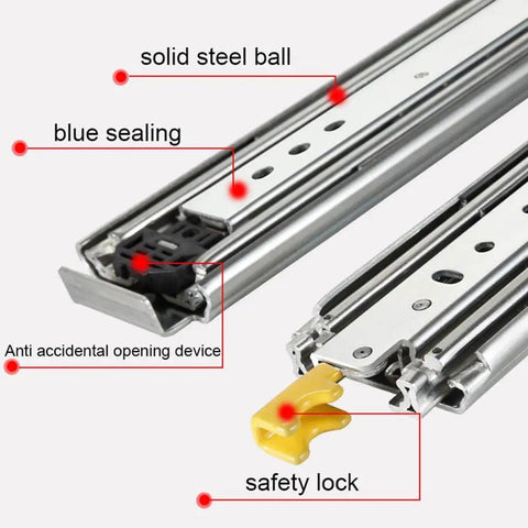 Close-up of Heavy Duty Drawer Slides With Lock And Full Extension Eighty Inch Three Section Ball Bearing Tracks, showing components.