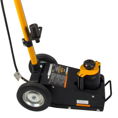 Heavy Duty Air Driven Axle Jack With Self Returning Springs For Rapid Capacity Lifts And Built In Bypass System, detail view of pump and wheels.