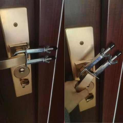 Built Tough Portable Door Lock For Outward Opening Doors Stainless Steel Road Ready Travel Security For Hotels And Vacation Rentals showing installation on a door handle.