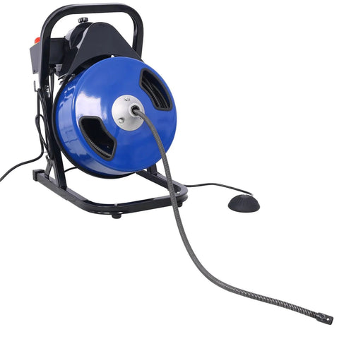 Heavy Duty Electric Drain Snake With Sixty Foot Flex Cable And Foot Switch That Busts Stubborn Clogs Like Nobody Business Featuring One Third HP Motor And Four Swappable Cutters For No Nonsense Plumbing Work, blue reel and steel cable.