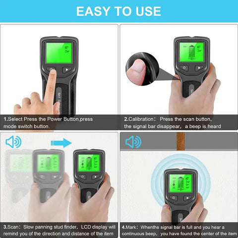 5 in 1 Stud Finder Wall Detector with Backlight displayed with step-by-step usage instructions, highlighting features and LCD screen.