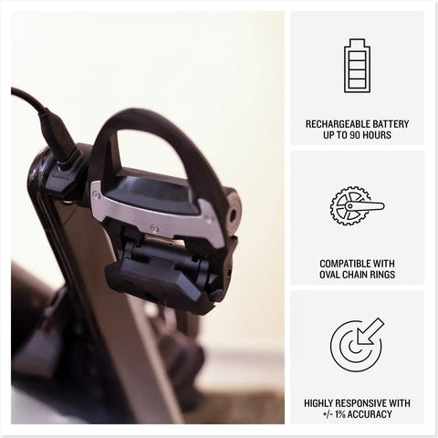 Rally XC110 Single-Sensing Power Meter Pedals For Cyclists with removable module on display with recharge info