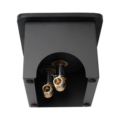 Underside view of Pitcher Rinser With Base for Countertop, Matte Black Stainless Steel, showing metal connectors and base structure.