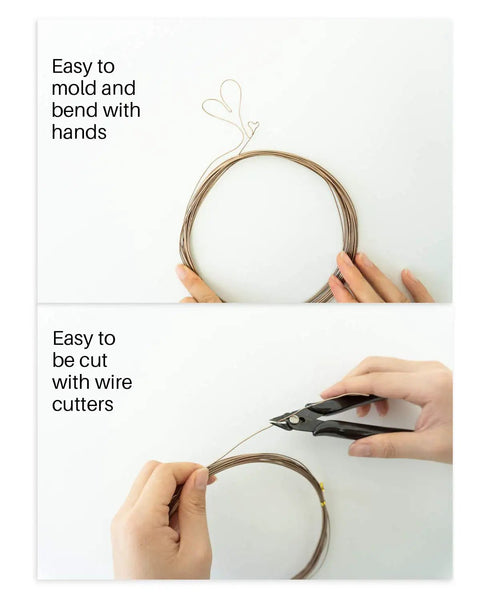 Five Piece Pro Grade Bonsai Wire and Tool Kit With 164 Feet Aluminum Wire In 1mm 1.5mm and 2mm, showing easy bending and cutting