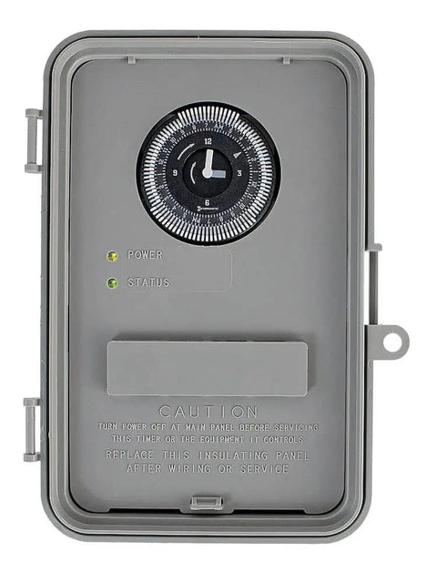 Front view of a 24-Hour Electromechanical Time Switch For Outdoor Use, 40A Auto-Voltage, NEMA 3R Weatherproof Enclosure.