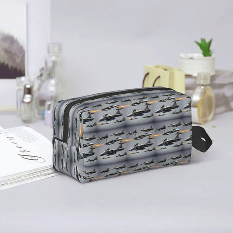 Fighter Jets Print Large Capacity Go To Travel Toiletry Bag Waterproof Cosmetic Organizer Pouch, side view on table.