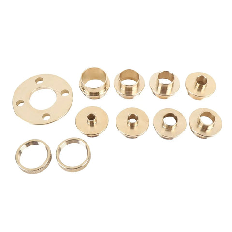 Efficient Router Template Guide Kit - 11 Piece Brass Bushing Set for woodworking and shaping, durable adapters, various sizes displayed.