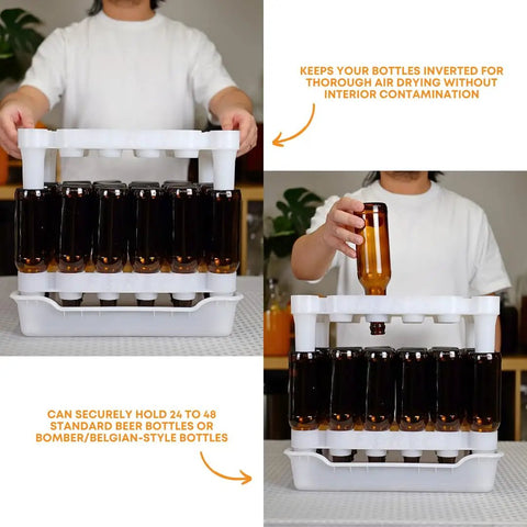 Top Shelf Bottle Drying Rack And Tray Bundle For Homebrewers Holds Sixty Vessels Stackable Dishwasher Safe Stand with bottles inverted for drying.