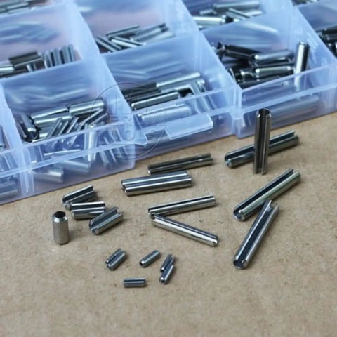 Assorted sizes of 300Pcs 304 Stainless Steel Split Spring Dowel Roll Pins Kit in 2mm 3mm 4mm sizes displayed with storage box