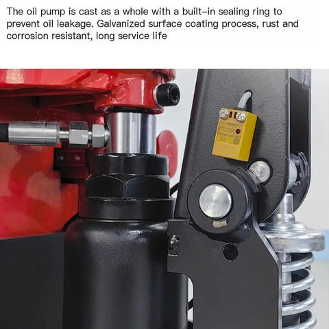 Close-up of Powerful Full Electric Pallet Jack 4400 Lb Capacity oil pump showing sealing ring and galvanized surface for rust resistance.