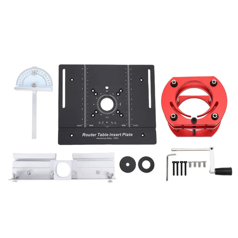 Rock Solid Router Table Lift System featuring Hella Precise Hand Crank Adjustment and Heavy Duty Anodized Aluminum Alloy Insert Plate set.