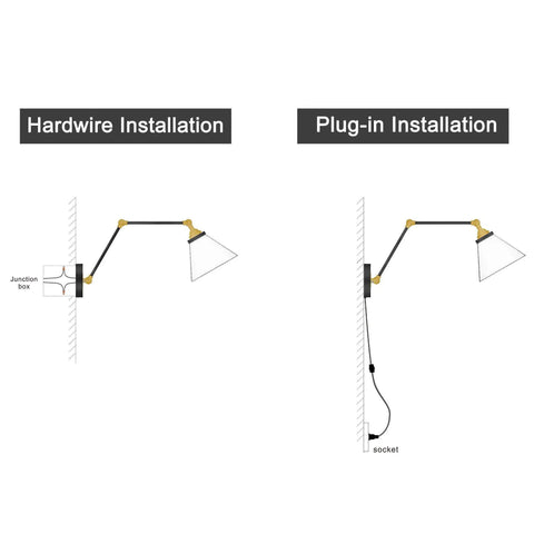 Black And Gold Glass Swing Arm Wall Sconce, Adjustable Plug In Or Hardwired Wall Lamp installation guide, showing both methods.