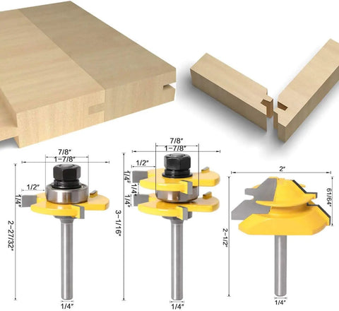 Lock Miter Router Bits And Tongue And Groove Set With One Quarter Inch Shank, Pro Grade Three Teeth T-Shape Cutter, woodworking tools