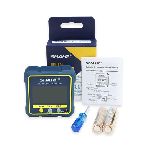Killer Precision Digital Angle Gauge Featuring Rock Solid Magnetic Base And Crisp Backlit Display For Serious Woodworking Carpentry and DIY Garage Projects with instruction manual.