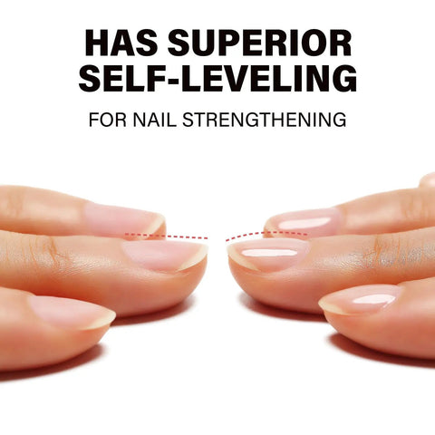 Two fingers with polished nails demonstrating HEMA Free All In One Rubber Base Gel And No Wipe Top Coat Kit Set for nail strengthening.