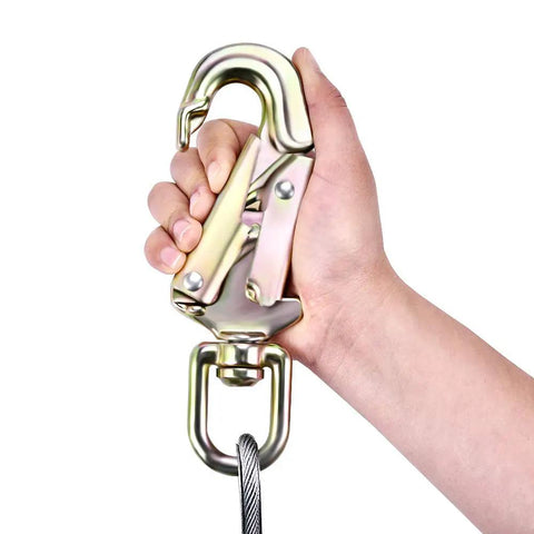 Hand holding swivel snap hook of Tree Climbing Lanyard Kit Pro Grade With Steel Wire Core Flip Line Rope 1/2 Inch By 10 Feet