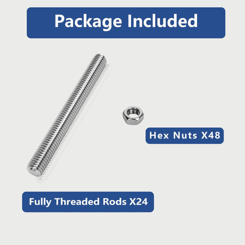 Angled view of a long 304 stainless steel M3 fully threaded rod with a hex nut; package includes 24 rods and 48 nuts.