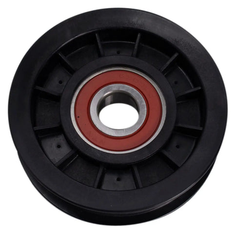 Close-up of an idler pulley from the Premium Serpentine Belt Kit With Tensioner And Three Idler Pulleys For Ford Expedition Explorer F 150 Lincoln Navigator Mountaineer Ready To Install DIY Friendly Replacement For Vehicle Maintenance And Smooth Performance.