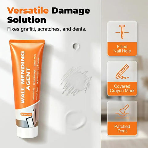 All In One Wall Patch Repair Kit With Scraper And Quick Dry Putty For Holes And Cracks, shown with filler tube and repair examples.