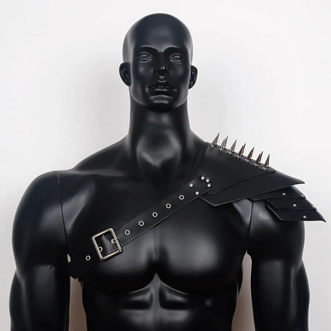 Black mannequin wearing a Medieval Shoulder Armor Harness With Rivet Guards For Cosplay, Adjustable PU Leather Pauldron Set.