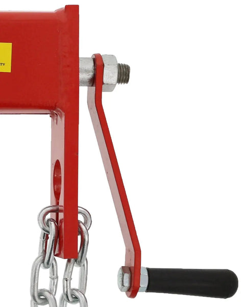 Close-up of Heavy Duty 2 Ton Load Leveler For Engine Hoist And Shop Crane Cherry Picker with chains and crank adjustment handle.