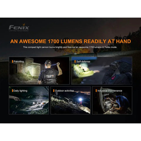 Image depicting the PD35 V3.0 Rechargeable Tactical Flashlight 1700 Lumens EDC With Organizer Black in various outdoor use scenarios.