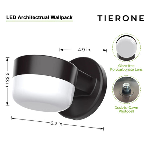 Ultra Efficient 12W 1000LM Outdoor LED Wall Light Sconce, Dusk to Dawn Photocell, Waterproof UL Listed