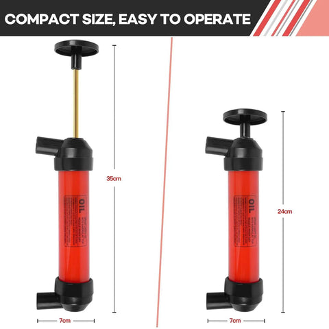 All Purpose Siphon Pump Fluid Transfer Kit with measurements showing ABS build, compact, lightweight design