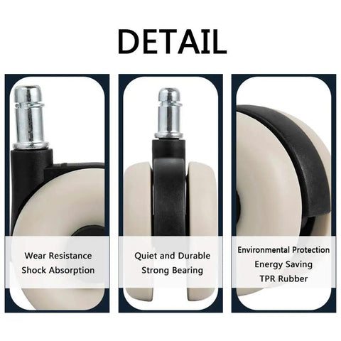 Rock Solid Office Chair Replacement Casters With Silent Rubber Tires Set Of Five, close-up of TPR rubber wheels showing strong bearings.