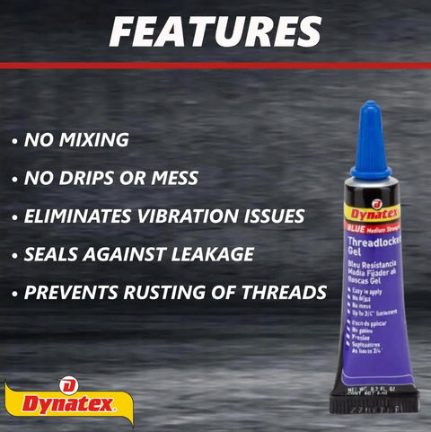 Blue Gel Threadlocker Medium Strength For Easy Disassembly Removable With Hand Tools Locks Metal Fasteners With Vibration And Solvent Resistance 0.20 Oz Bottle Pack Of 5 with product features displayed.
