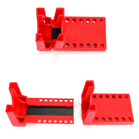 Heavy Duty Ball Valve Lockout Kit Badass Safety Gear Fits Most Pipe Fittings Covers Half To TwoandAHalf Inch Handles Duallow Slots Holds Up To Five Padlocks No BS Detachable Nonconductive Job Site Supply 20Pack Red parts showing split design for secure locking.