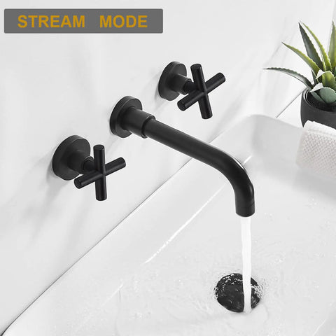 Two Handle Wall Mount Bathroom Faucet With Stream And Spray 8 Inch Center 360 Degree Rotating Spout Matte Black Brass Finish Rough In Valve For Sink Vanity Tub Or RV Bath Remodel Easy Clean Up showing stream mode filling sink