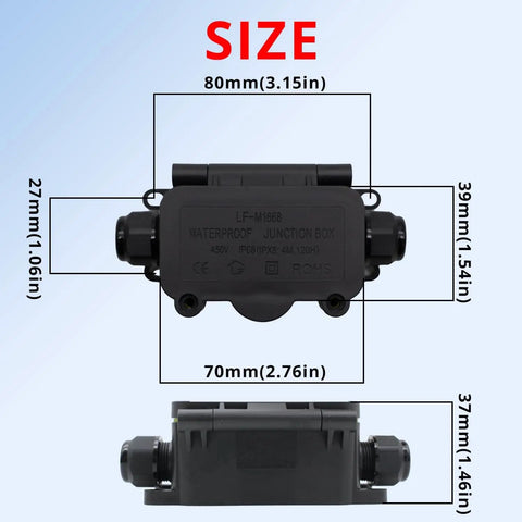 Rock Solid Mini Junction Box Outdoor Waterproof IP68 Rated Two Way Underground Electrical Splice Housing With Clamshell Seal dimensions showing size and details.