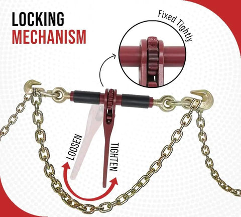 Diagram showing locking mechanism of Four Pack Ratchet Chain Binders With Rubber Grips For Flatbed Hauling, Beefy Five Sixteenths And Three Eighths Inch Chain.