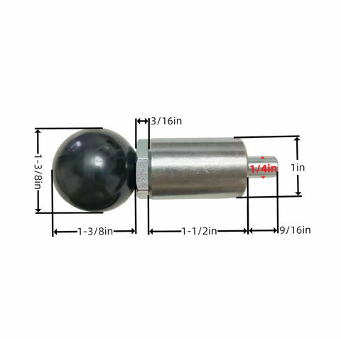 Side view of Half Inch T Knob Spring Loaded Pop Pin with zinc plated steel plunger and black plastic T handle showing dimensions.