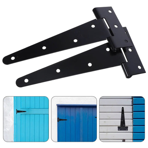 Heavy Duty 8 Inch Black Iron Door Hinges With Extended T Shape And Slotted Bearing for wood doors, shown installed on blue doors