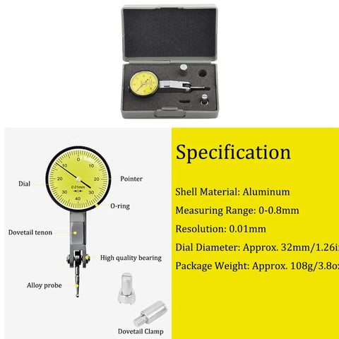 Dial Test Indicator.0001 Precision Gauge For CNC Machining And Inspection With Lightweight Aluminum Body, shown with case and parts