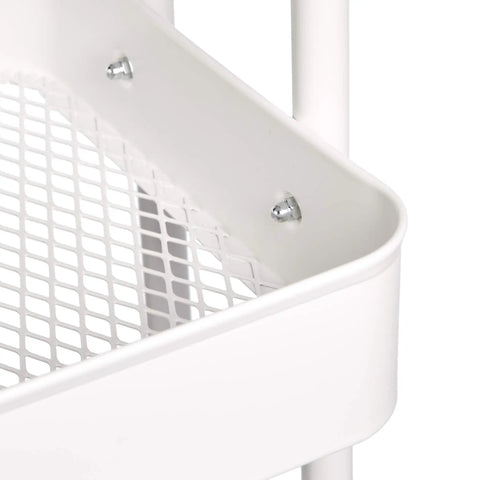 Close-up of Heavy Duty 2 Tier Rolling Metal Utility Cart With White Storage Shelves showing metal construction and mesh basket.