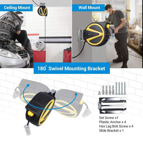 Retractable Cord Reel With Slow Auto Return Heavy Duty 50 Foot 14 3 SJTW Cord Lighted Triple Tap Outlets 13 Amp Circuit Breaker Ceiling Or Wall Mount ETL Listed Keeps Cords Tidy And Tangled Free Kid And Pet Safe No Cap with swivel mounting bracket shown in garage setup