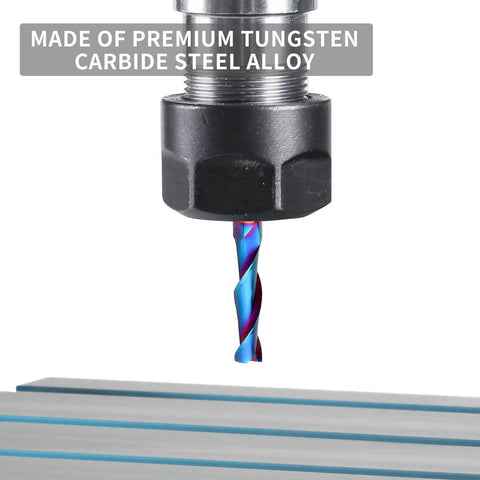 Close-up of a Nano Blue coated router bit on CNC machine from 5-Piece Upcut Spiral Router Bit Set 1 Quarter Inch Shank and Diameter