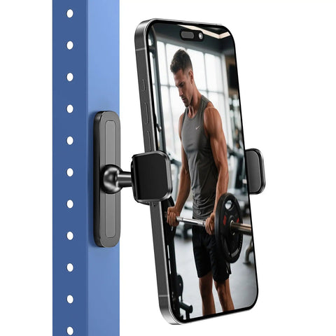 Magnetic Gym Phone Holder With Alloy Base And Joint, 360 Degree Adjustable, Strong 22 Lb Grip, on metal gym equipment holding smartphone.