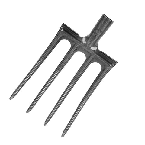 Heavy Duty Garden Digging Fork With High Carbon Steel Tines, Four Prong Spading Fork for loosening soil, angled view.
