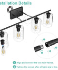 Installation details of Dope Four Light Black Bathroom Vanity Light Over Mirror With Clear Glass Shades Industrial Style Bath Fixture