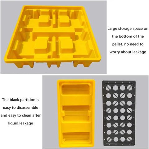 Heavy Duty HDPE Spill Containment Pallet With Anti Slip Tray Odorless Waterproof Platform Easy To Clean Chemical Resistant Spill Tray For Gas Stations And Offices 675x675x150mm showing yellow tray and black partition