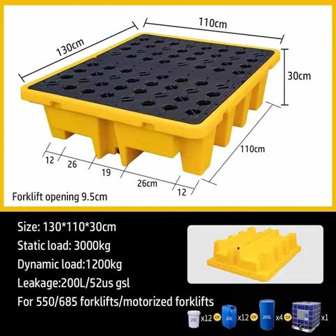 Stackable Oil Drum Spill Containment Pallet With Drain Platform For Heavy Duty Industrial Spill Cleanup Nestable Detachable Grating Durable Polyethylene Tray For Quick Safe Waste Management 130x110x30cm diagram